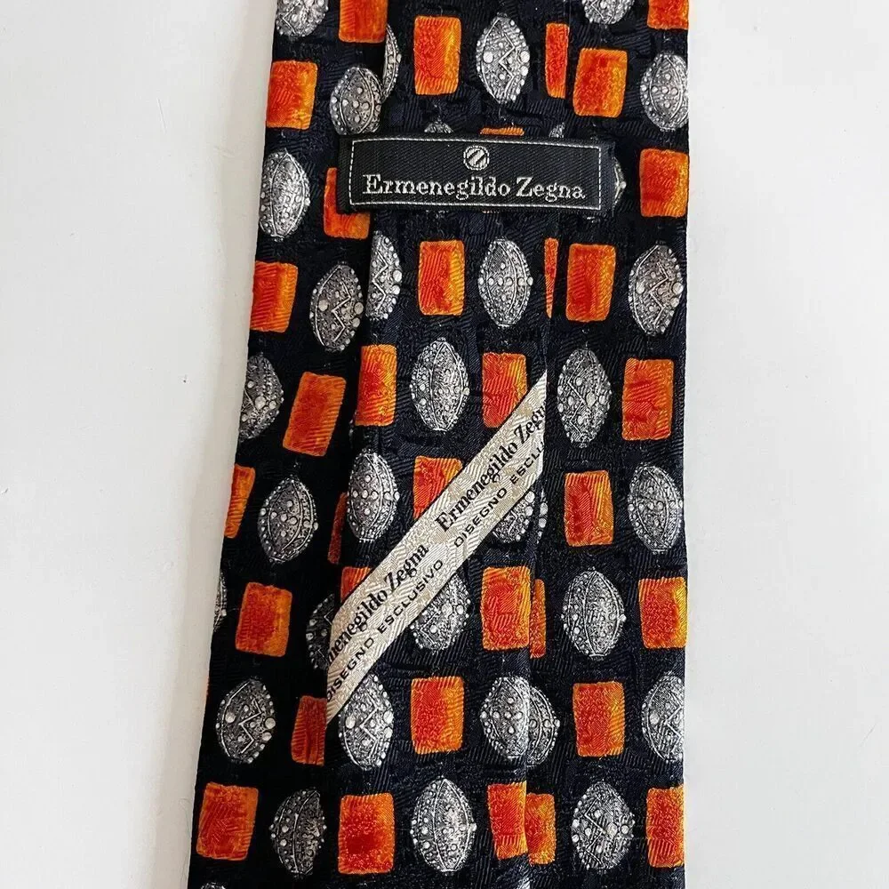 Ermenegildo Zegna 100% Silk Tie Black Orange Print Made in Italy Men's